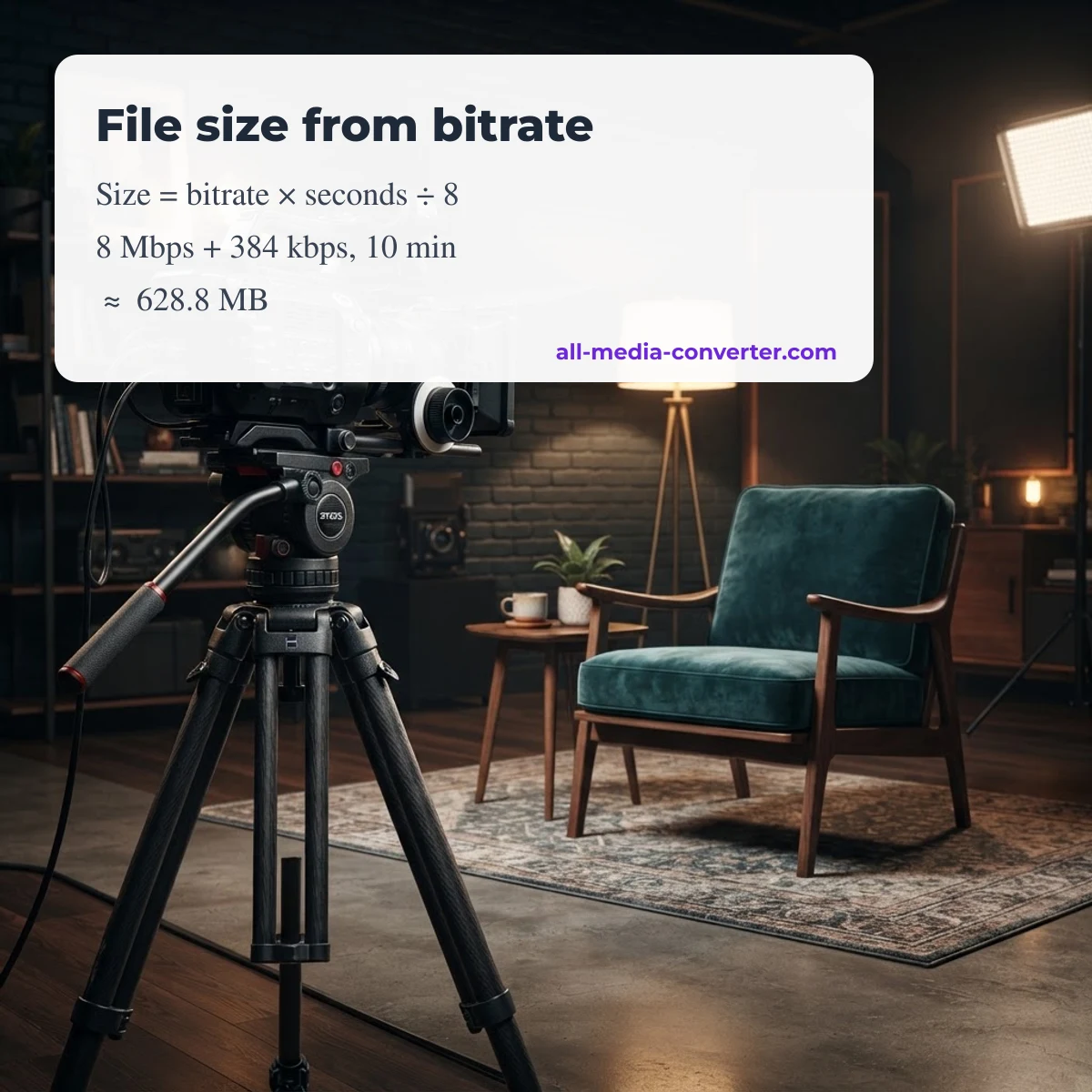 Video file size formula: bitrate × duration ÷ 8, with a worked example